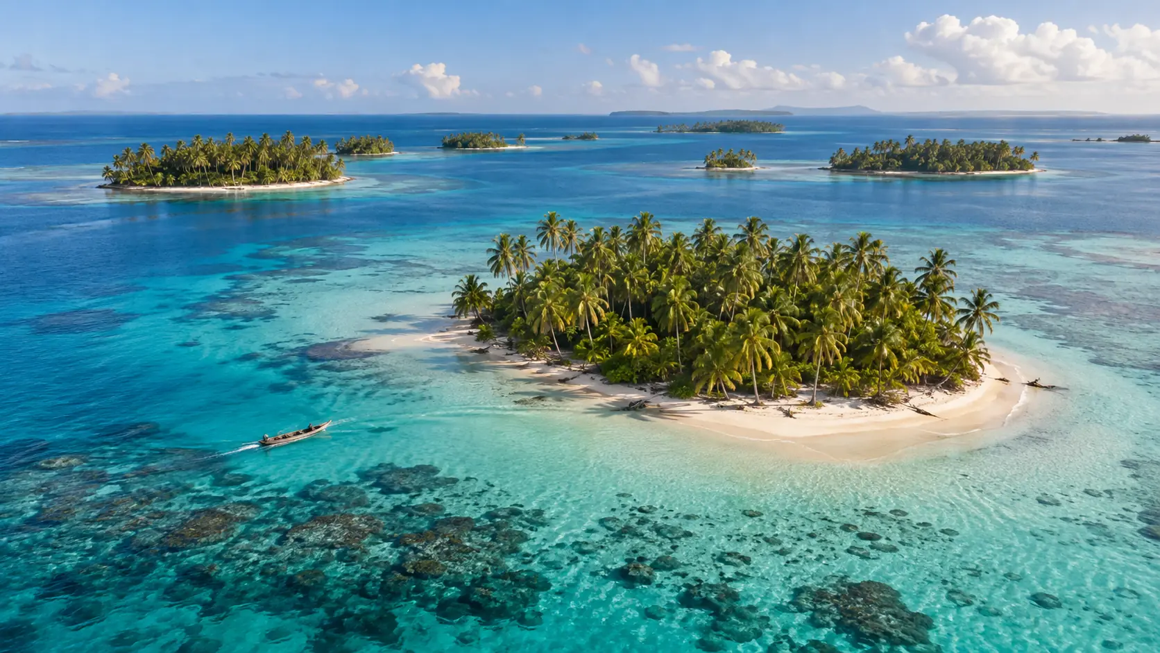 Aerial view of tropical islands and turquoise water in San Blas Panama