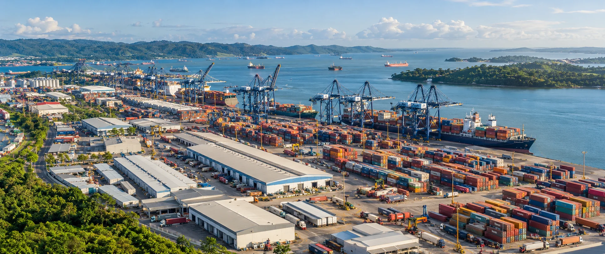 Aerial view of cargo port and warehouses representing the Colon Free Trade Zone in Panama
