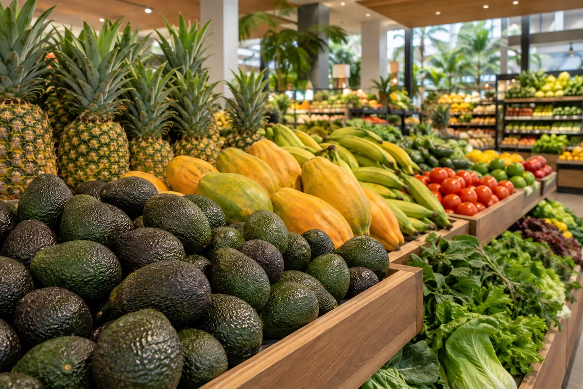 Avocados, pineapples, papayas and vegetables in a supermarket display, illustrating grocery shopping in Panama