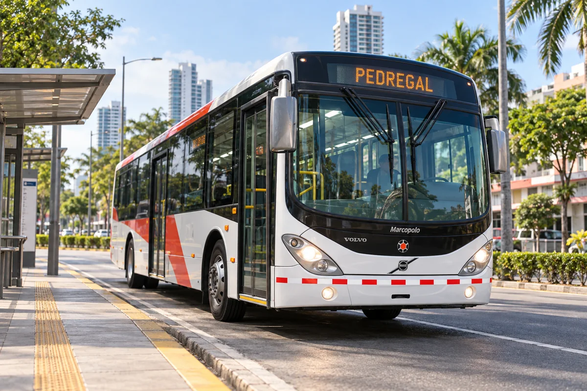 Panama Metrobus at an urban bus stop, illustrating public transportation in Panama