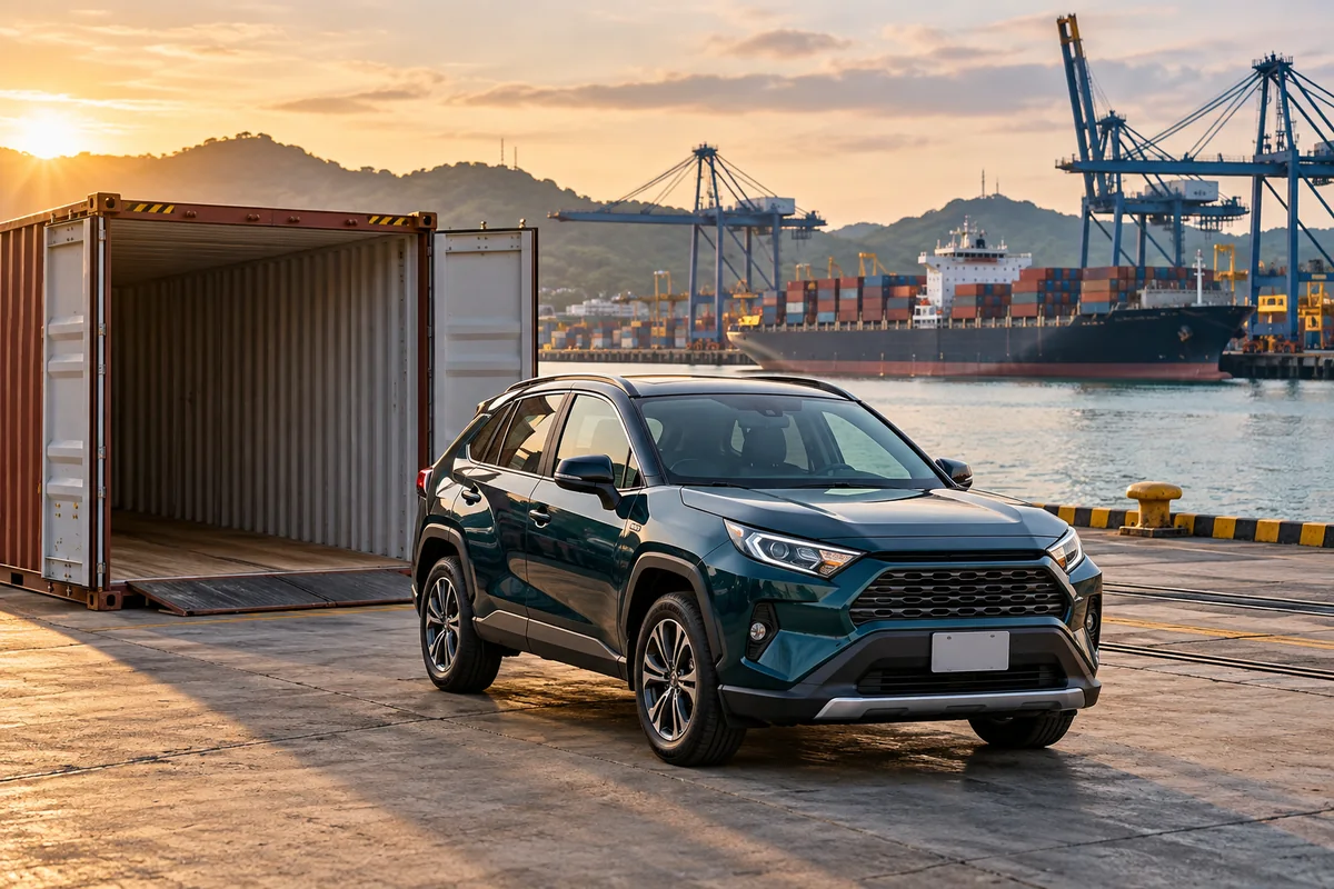 Car beside an open shipping container at a cargo port, illustrating vehicle shipping to Panama