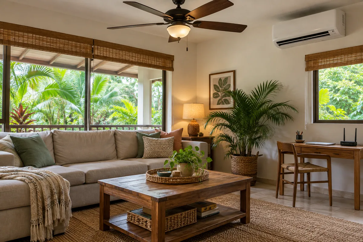 Tropical living room with a ceiling fan, air conditioner and Wi-Fi router, illustrating utilities in Panama