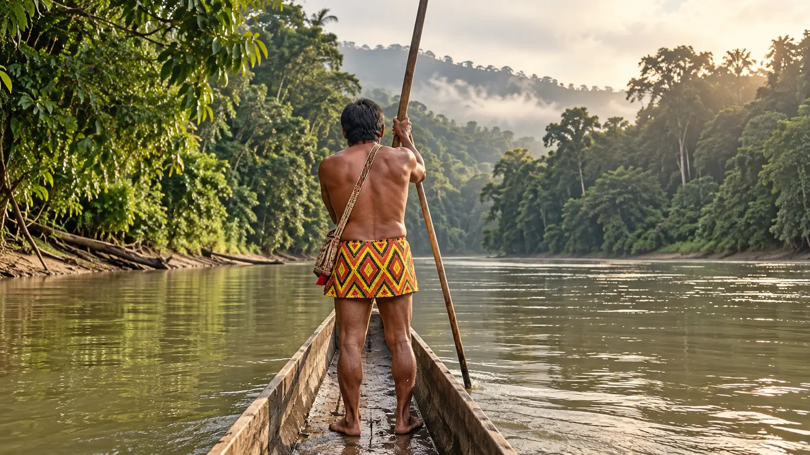 Indigenous people of Panama: Emberá man navigating a cayuco on the Chagres River