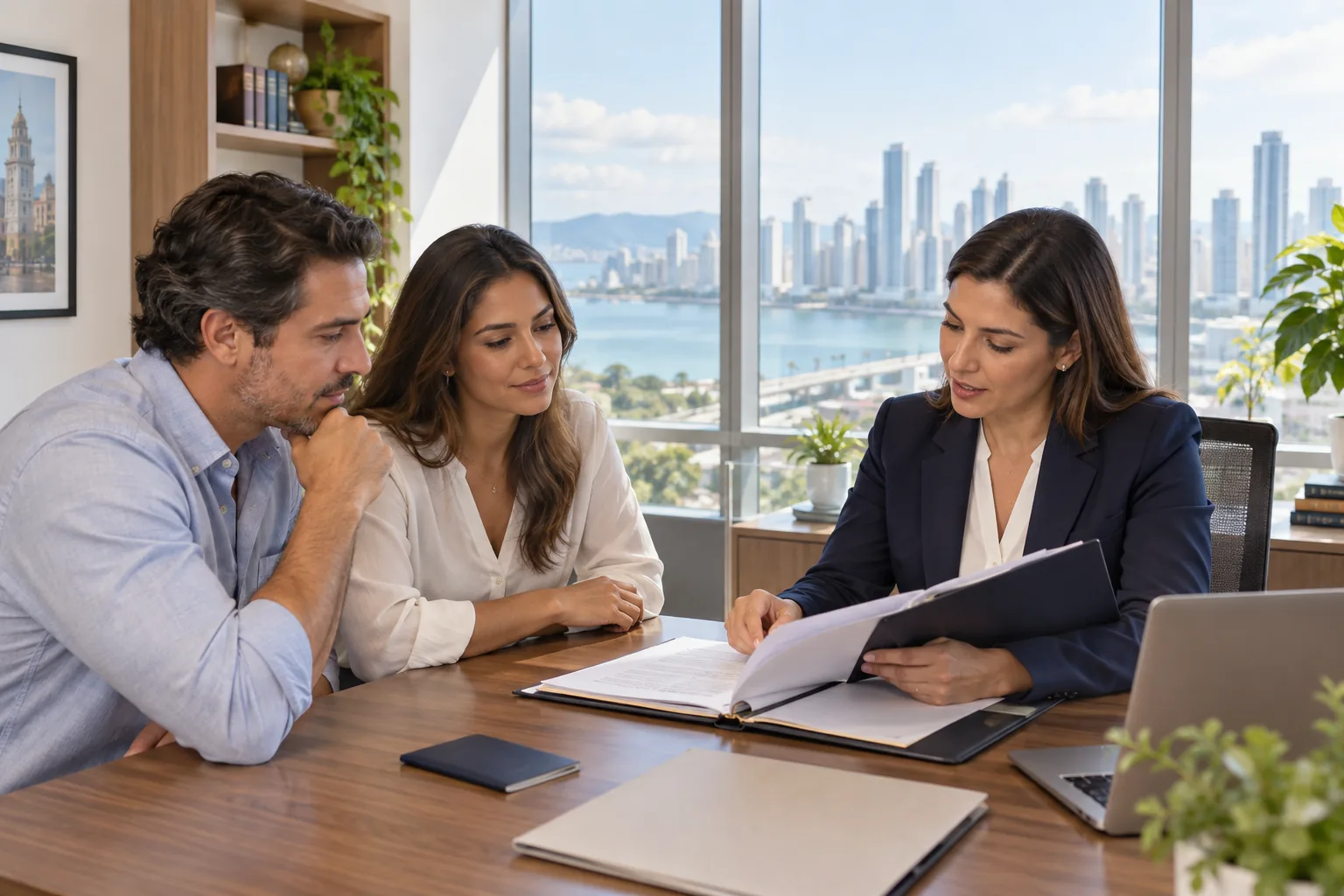 Couple reviewing Panama permanent residency visa options with an immigration attorney