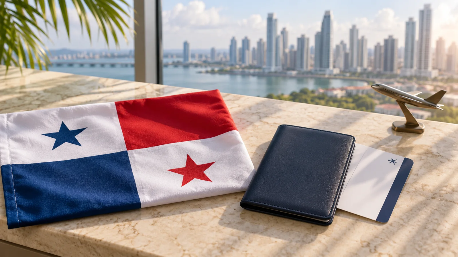 Panamanian passport and citizenship guide with Panama flag and Panama City skyline