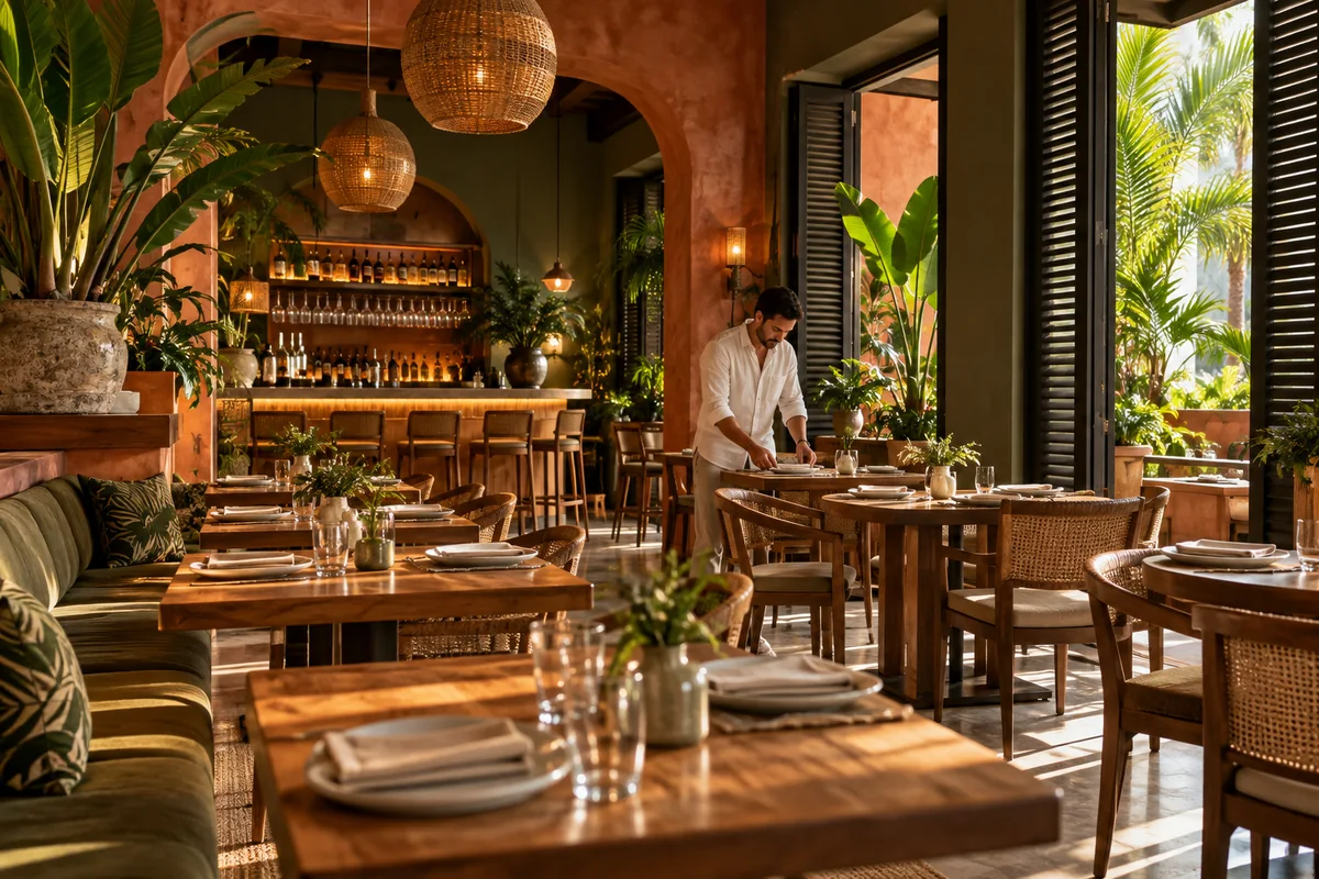 Restaurant interior with wooden tables, tropical plants and a person preparing a table