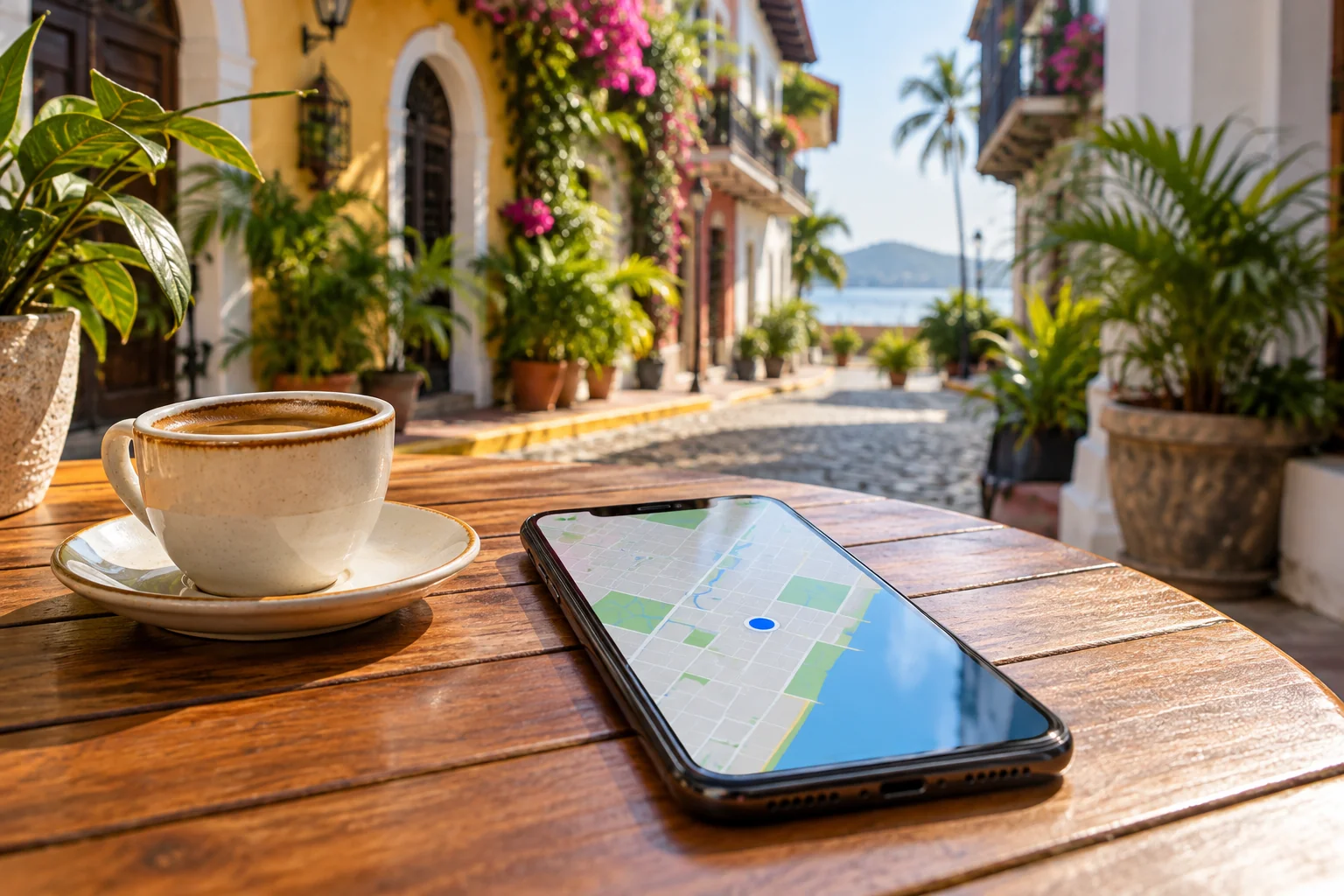 Cellular phone displaying a map on a café table in Panama