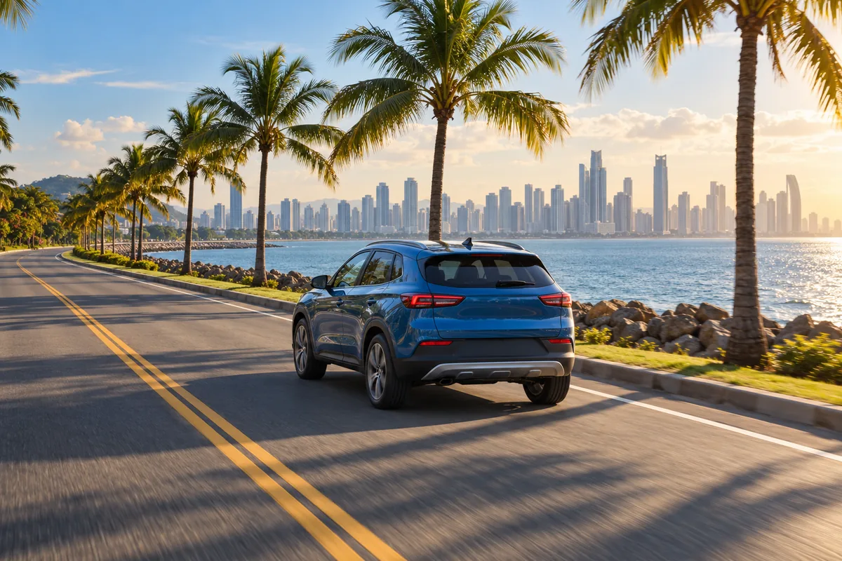 Driving in Panama on a coastal road with palm trees and the Panama City skyline