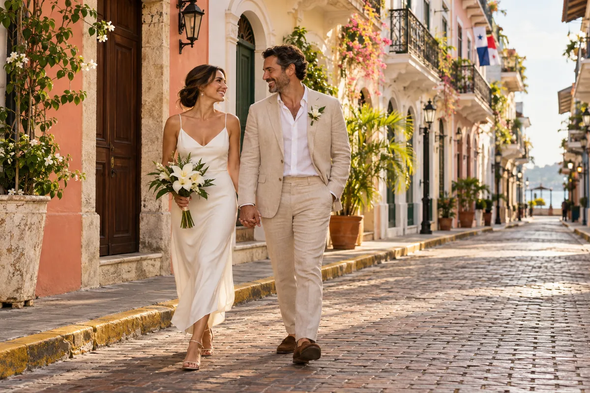 Newlywed couple walking along a colonial street in Casco Viejo, Panama City.