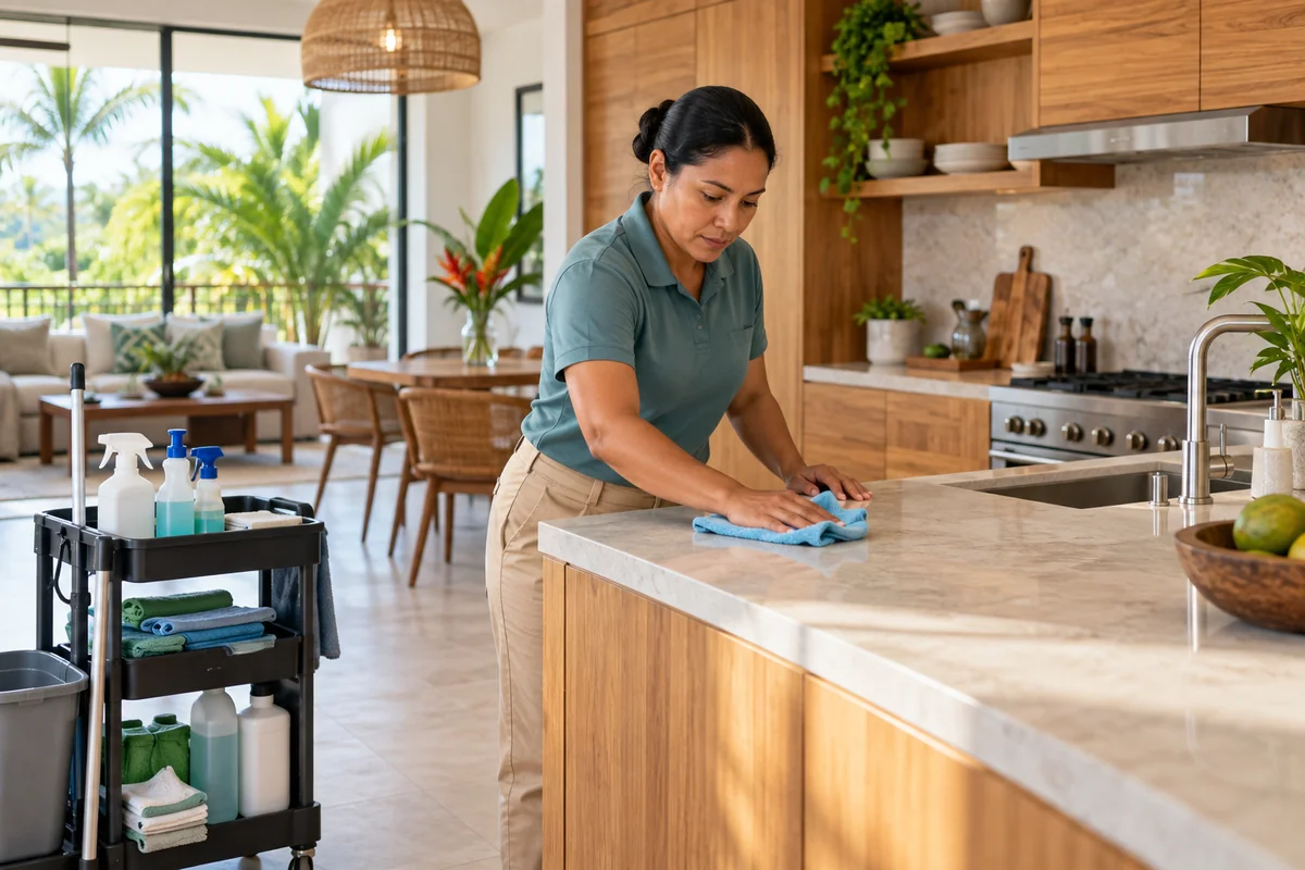 Housekeeper wiping a kitchen countertop in a bright tropical apartment