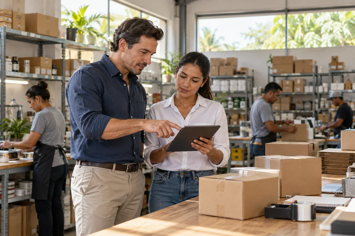 Two business professionals reviewing a tablet while staff prepare packages in a workshop
