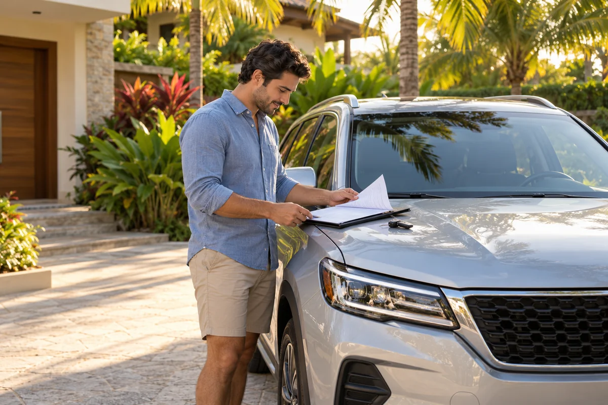 Vehicle owner reviewing car insurance documents beside an SUV at a tropical home in Panama