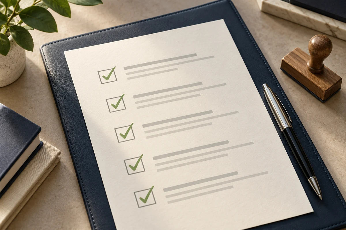 Document checklist with green checkmarks, a pen and a stamp on a navy folder