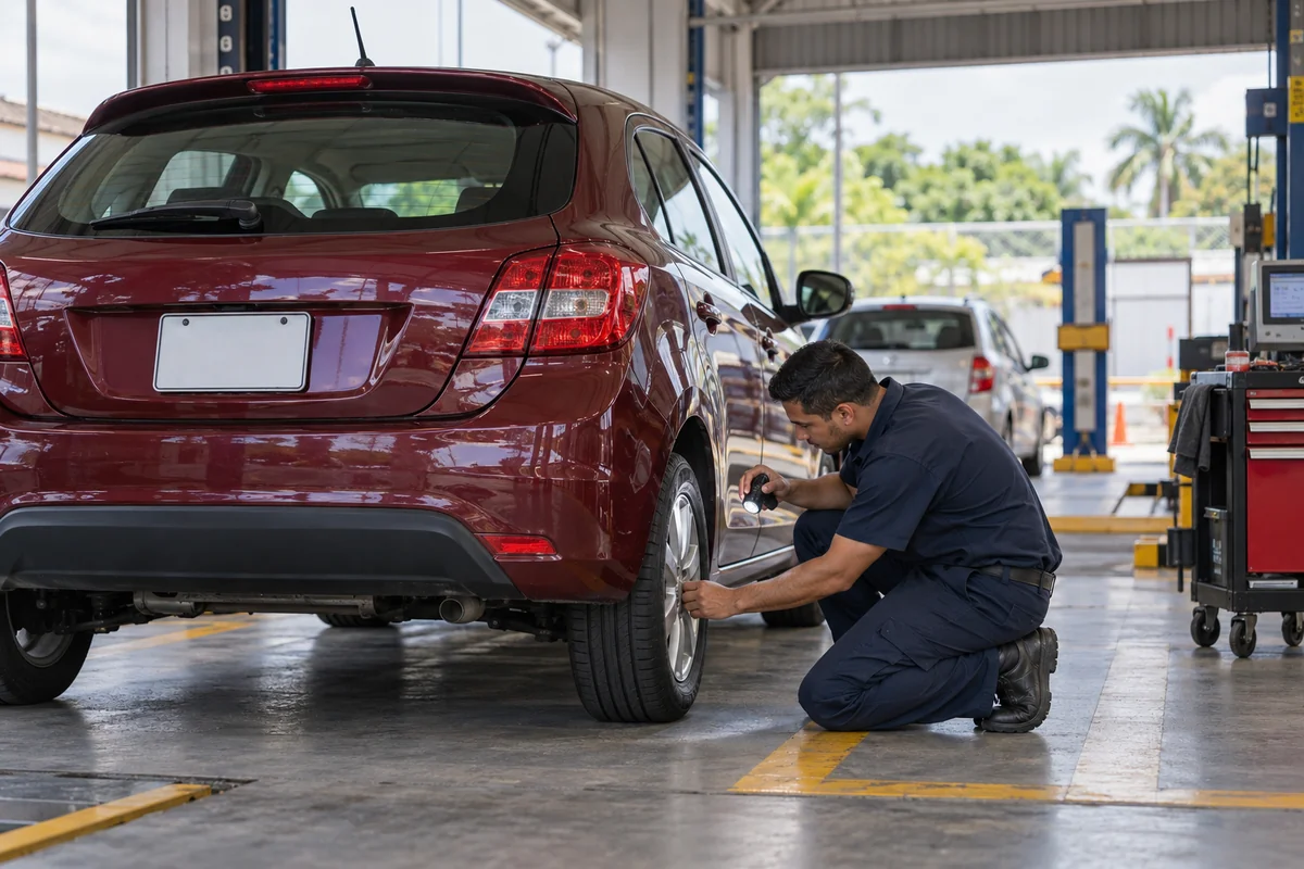 Technician inspecting a car before Panama license plate renewal