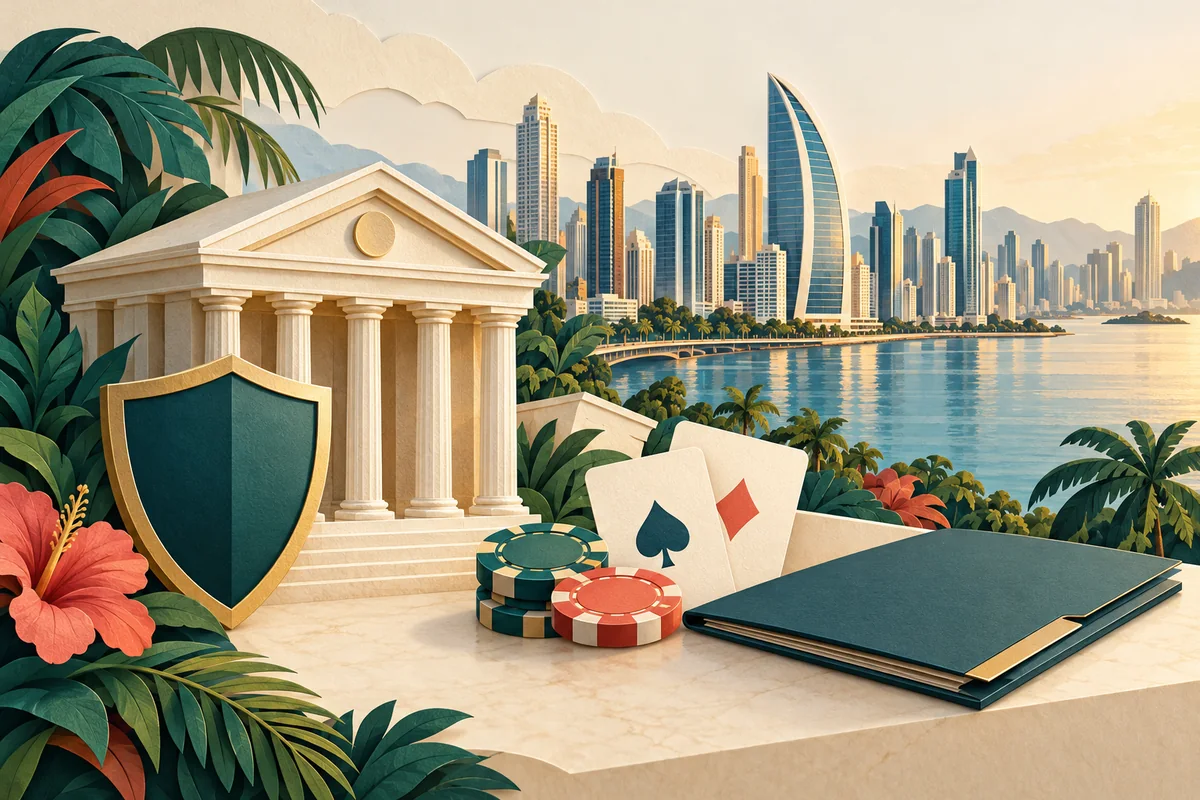 Illustration of Panama City's skyline with a bank, shield, playing cards and casino chips.
