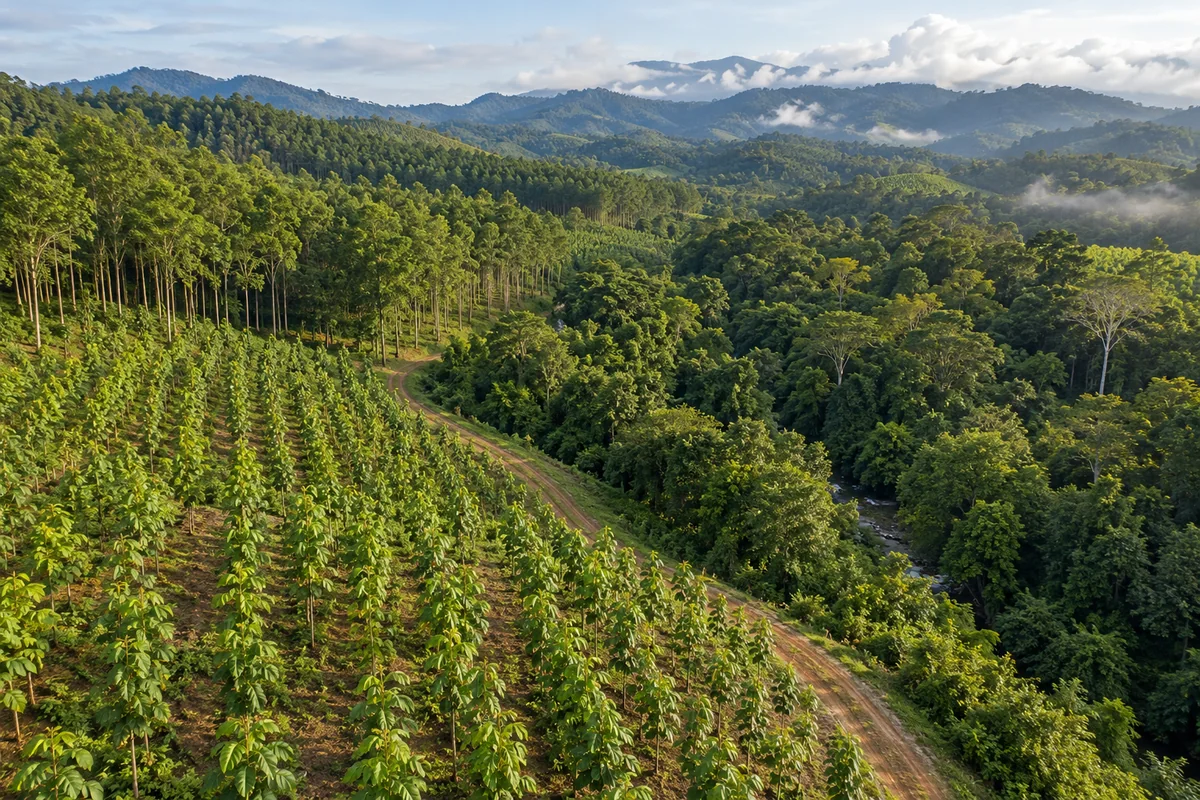 Young trees in a tropical forestry plantation beside mature woodland
