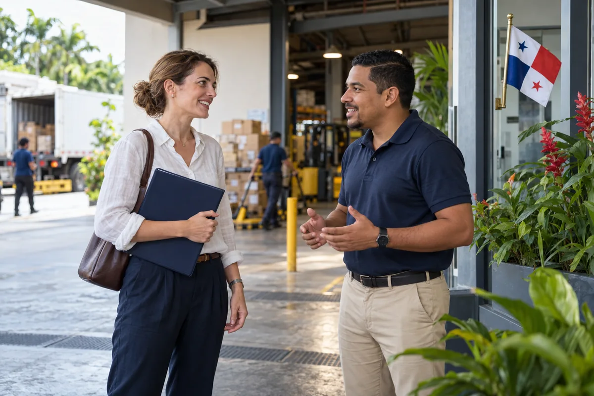 Professional carrying documents welcomed by a colleague at a logistics workplace in Panama.