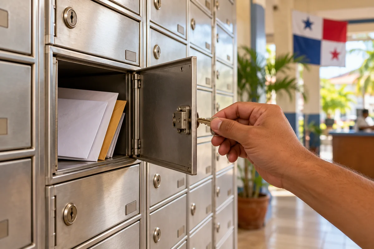 Open post office box with envelopes and a Panama flag in the background